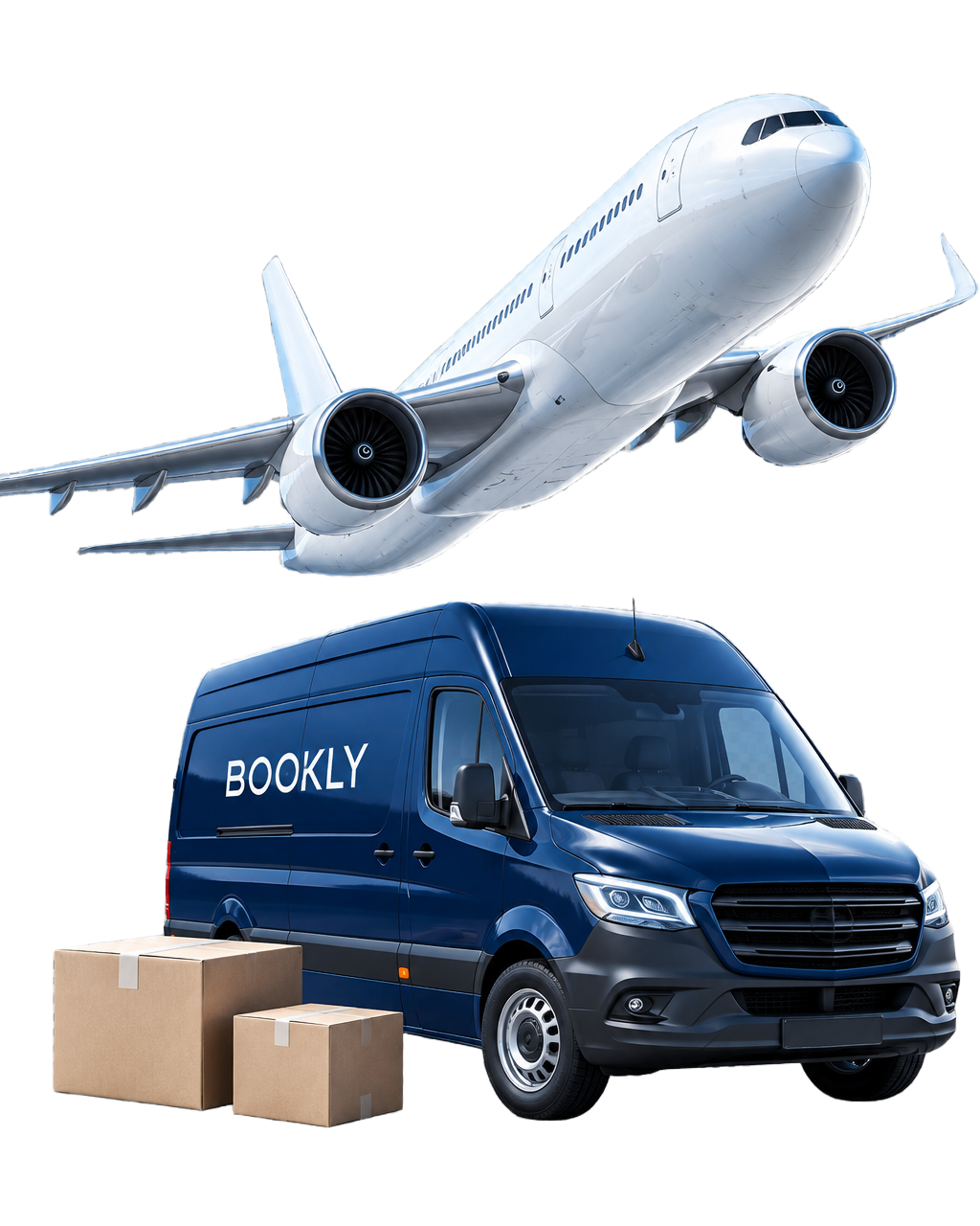 Bookly aircraft, delivery van and parcels representing flight and shipping services